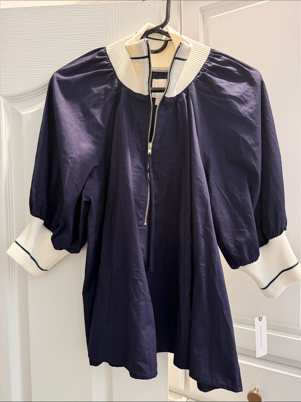 Maeve by Anthropologie Navy Puff-Sleeve Zip Tunic with Ivory Rib Trim